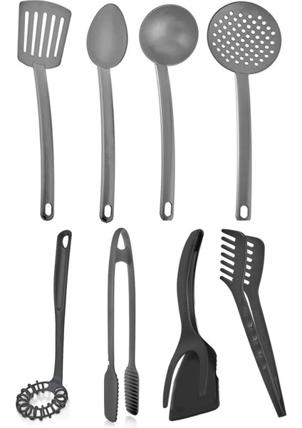 Pratik 8'li Yanmaz Yapışmaz Teflon Servis Set 220 Derece Dayanıklı Maşa Spatula Kaşık Kevgir Çırpıcı