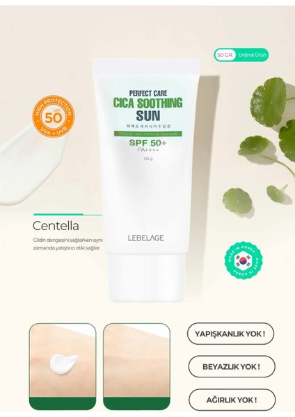 Centella Asiatica Içeren Hassas Cilt Güneş Koruyucu Cica Soothing Sun Spf 50+ Pa++++ 50 gr