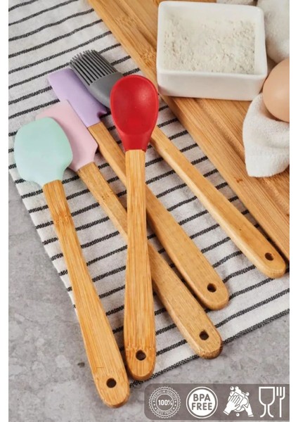 5 Parça Bambu Saplı Mini Silikon Spatula,kaşık,fırça Seti- Yüksek Kalite Silikon Set-Bpa Free