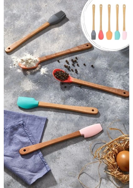 5 Parça Bambu Saplı Mini Silikon Spatula,kaşık,fırça Seti- Yüksek Kalite Silikon Set-Bpa Free