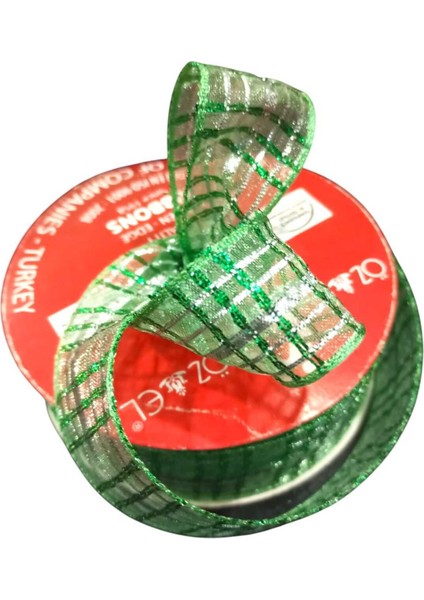Yeşil Simli Ekose Kurdele, Yılbaşı Kurdelesi, Hediye Paketlik Kurdele 2,5 cm 5 mt