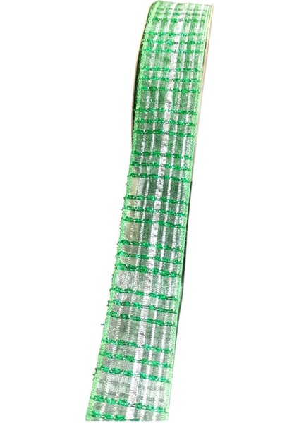 Yeşil Simli Ekose Kurdele, Yılbaşı Kurdelesi, Hediye Paketlik Kurdele 2,5 cm 5 mt