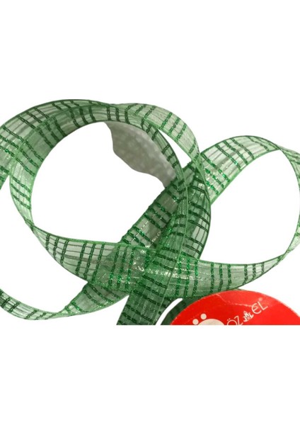 Yeşil Simli Ekose Kurdele, Yılbaşı Kurdelesi, Hediye Paketlik Kurdele 2,5 cm 5 mt