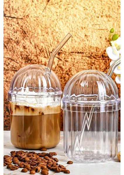 4 Adet Origami Stil Mika Cam Pipetli Bardak Kapaklı | Kahve ve Sunum Bardağı I Kokteyl Bardak 400ML