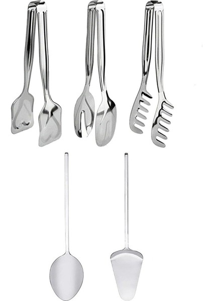5 Parça Paslanmaz Çelik Servis Sunum Seti Kaşık Spatula Makarna Salata Pasta Maşası Yemek Hazırlık