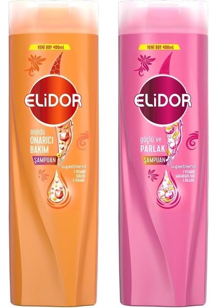 Saç Bakım Şampuanı Güçlü ve Parlak 400 ml + Elidor Saç Bakım Şampuanı Anında Onarıcı 400 ml