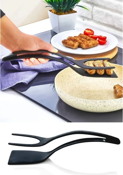 Pratik Siyah Yanmaz Yapışmaz 220 Derece Dayanıklı Teflon Maşalı Spatula