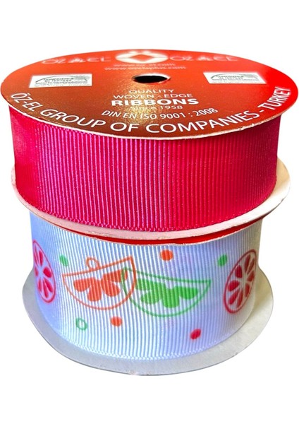 2 Makara Limon Baskılı Beyaz ve Fuşya Grogren Kurdele 4 cm /5mt 2,5 cm /5mt 140137/120213