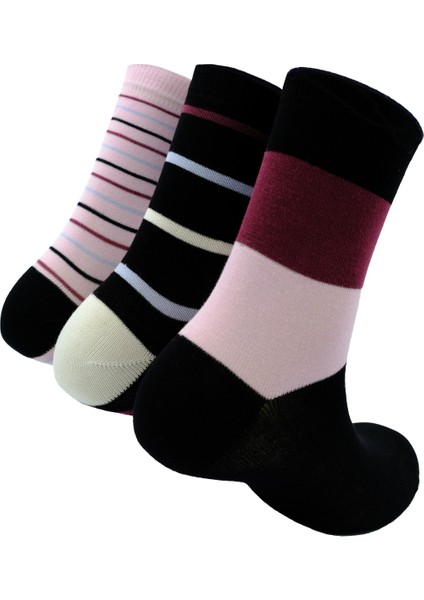 Kadın Bambu Çorap 3'lü Paket Bordo Siyah Pembe Çizgili (Beden 36-41)