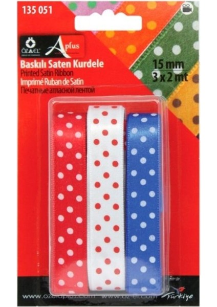 Puantiye Baskılı Mavi, Beyaz, Kırmızı Saten Kurdele 1,5 cm x 2 mt 135 051