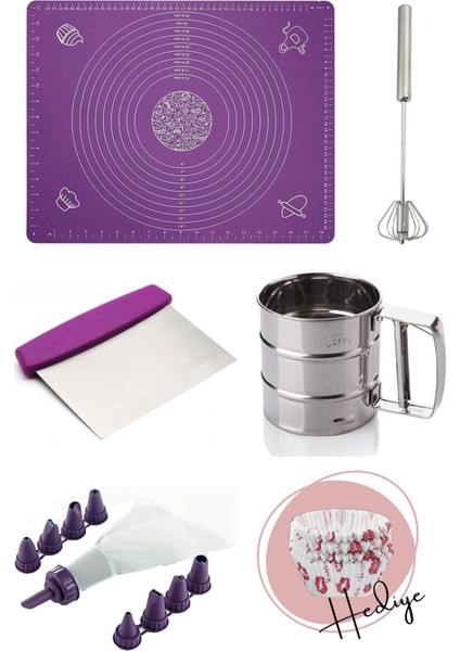Kek Pasta Yapım Set 5 Parça +1 Hamur Matı,oto Çırpıcı,krema Torbası,un Eleği,hamur Spatula
