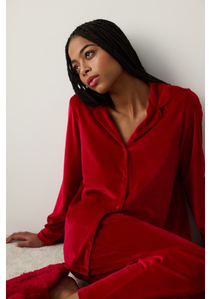 Red Velvet Gömlek Pantolon Pijama Takımı