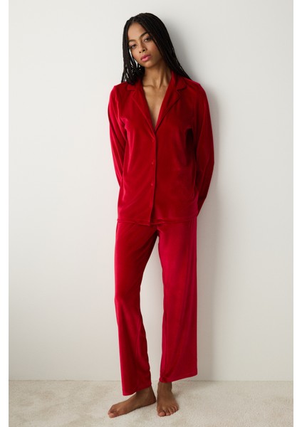 Red Velvet Gömlek Pantolon Pijama Takımı