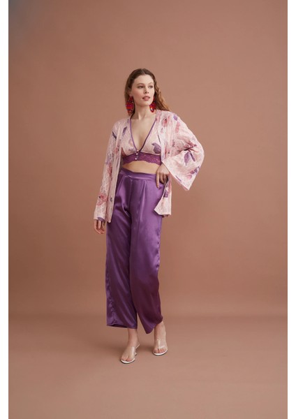 Tül Şifon Sabahlıklı Içi Askılı Kadın Üçlü Pijama Takım Set 3033