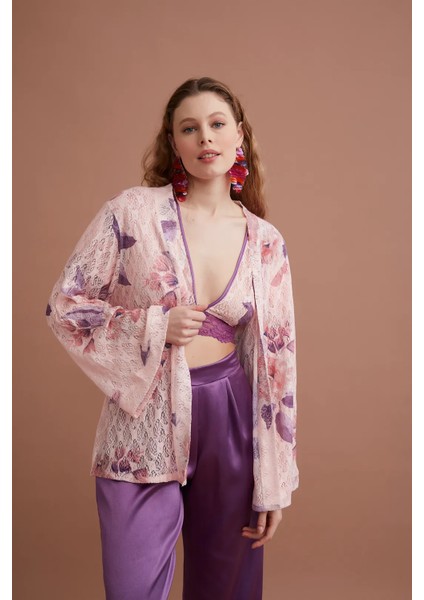 Tül Şifon Sabahlıklı Içi Askılı Kadın Üçlü Pijama Takım Set 3033