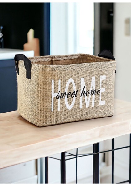 Home Baskılı Jüt Havlu Çamaşır Kirli Oyuncak Sepeti 30 x 22 x 18