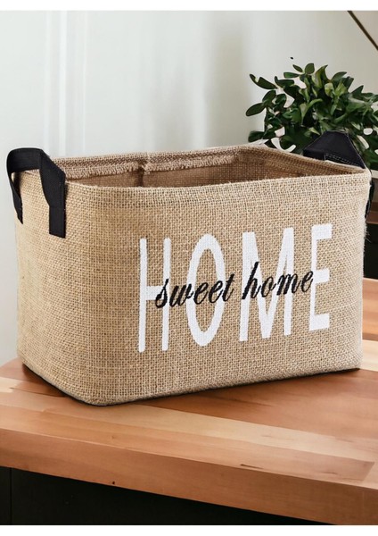 Home Baskılı Jüt Havlu Çamaşır Kirli Oyuncak Sepeti 30 x 22 x 18