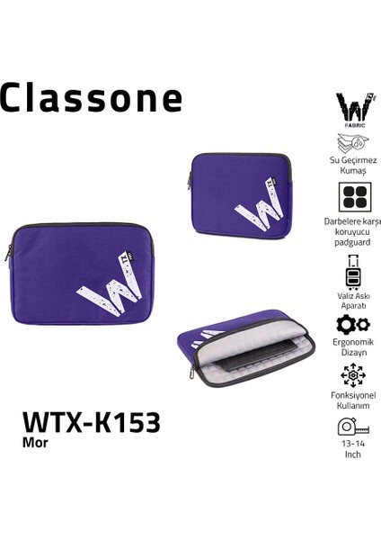 WTX-K153 15.6 ,16 inch WTXpro Serisi Su Geçirmez Kumaş, Macbook,Mac Air,Laptop Kılıfı - Mor