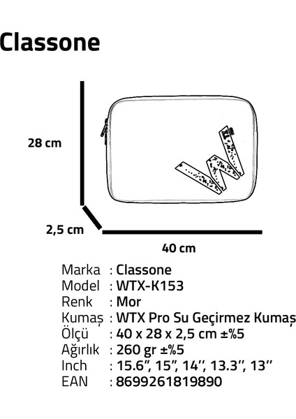 WTX-K153 15.6 ,16 inch WTXpro Serisi Su Geçirmez Kumaş, Macbook,Mac Air,Laptop Kılıfı - Mor