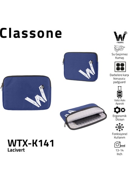 WTX-K141 13, 14 inch WTXpro Serisi Su Geçirmez Kumaş, Macbook,Mac Air,Laptop Kılıfı - Lacivert