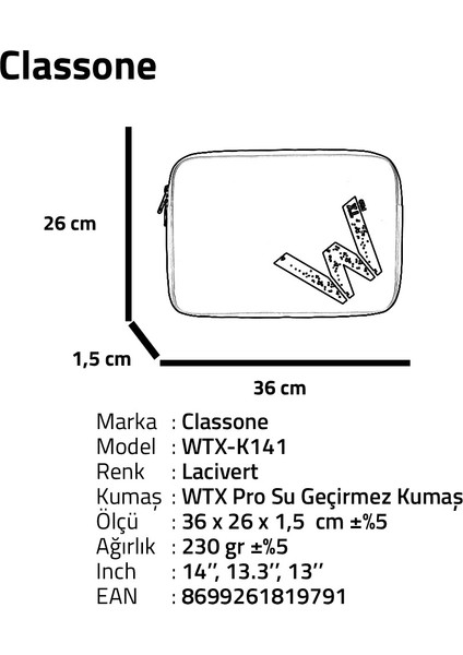 WTX-K141 13, 14 inch WTXpro Serisi Su Geçirmez Kumaş, Macbook,Mac Air,Laptop Kılıfı - Lacivert