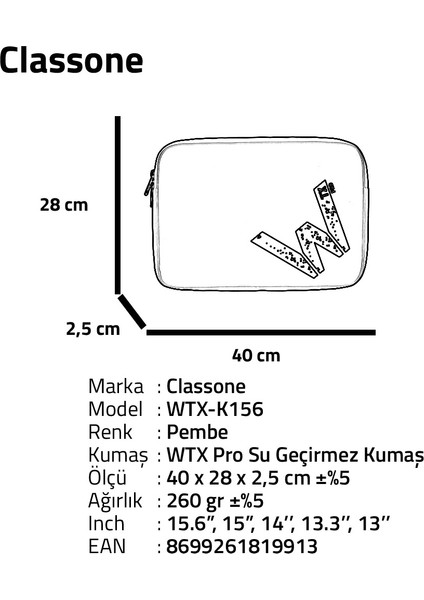 WTX-K156 15.6 ,16 inch WTXpro Serisi Su Geçirmez Kumaş, Macbook,Mac Air,Laptop Kılıfı - Pembe