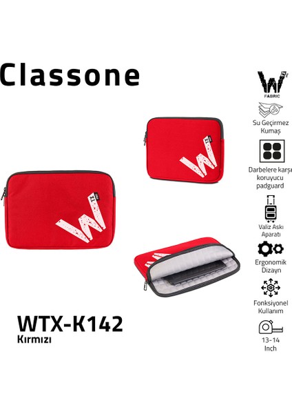 WTX-K142 13, 14 inch WTXpro Serisi Su Geçirmez Kumaş, Macbook,Mac Air,Laptop Kılıfı - Kırmızı