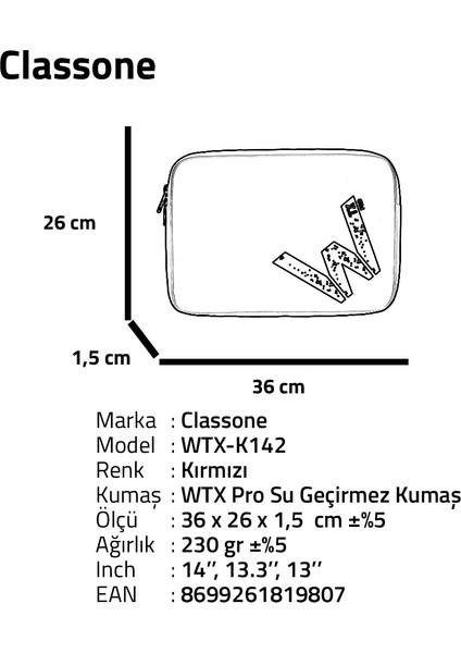 WTX-K142 13, 14 inch WTXpro Serisi Su Geçirmez Kumaş, Macbook,Mac Air,Laptop Kılıfı - Kırmızı