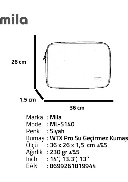 Classone ML-S140 13, 14 Inch Mila Serisi ,macbook ,mac Air, Laptop Kılıfı, Wtxpro su Geçirmez Kumaş- Siyah