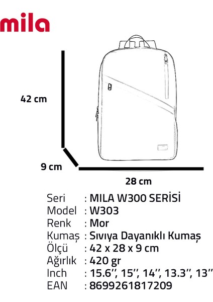 Classone 15,60 Inch Uyumlu W303- Mila Serisi Lenovo,hp,asus,monster,macbook,mac Air Uyumlu Laptop , Notebook Sırt Çantası - Mor