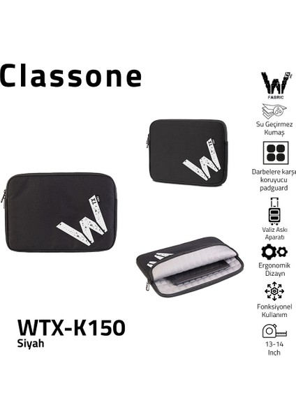 WTX-K150 15.6 ,16 inch WTXpro Serisi Su Geçirmez Kumaş, Macbook,Mac Air,Laptop Kılıfı - Siyah