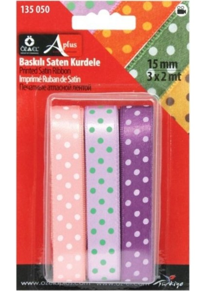 3 Adet Mor, Pembe, Lila Puantiye Baskılı Kurdele, Paketlik Kurdele 1,5 cm 2 2 2 mt 100 604