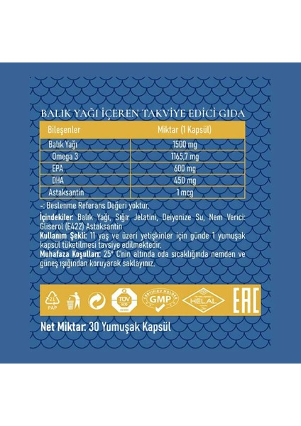 Omega 3 1.500 Mg Balık Yağı 30 Kapsül