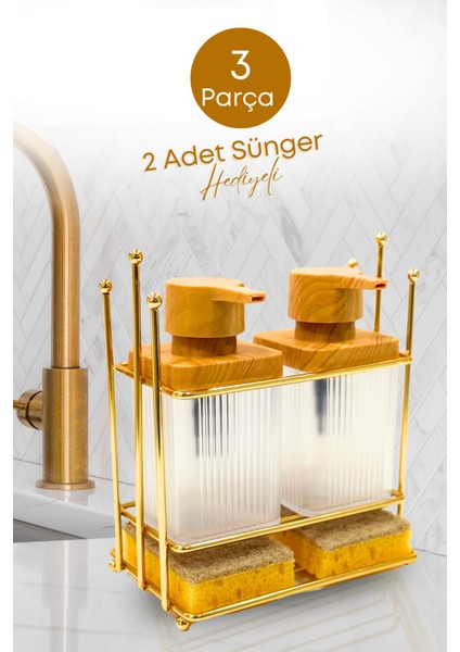 Gold Metal Standlı Ahşap Detaylı Bulaşık Deterjanı Sıvı Sabunluk Mutfak Seti-Sünger