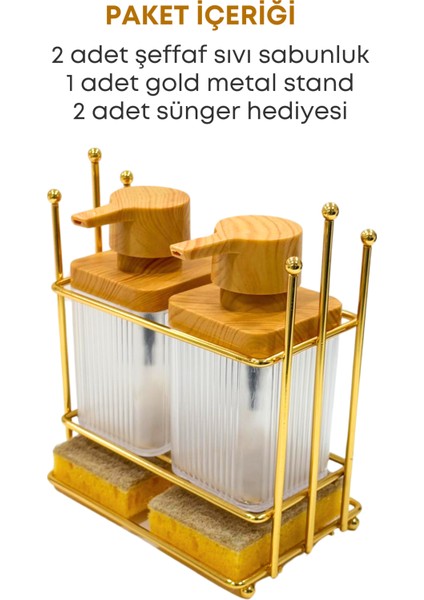 Gold Metal Standlı Ahşap Detaylı Bulaşık Deterjanı Sıvı Sabunluk Mutfak Seti-Sünger fiyatları