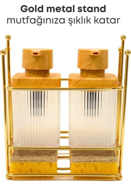 Gold Metal Standlı Ahşap Detaylı Bulaşık Deterjanı Sıvı Sabunluk Mutfak Seti-Sünger modelleri