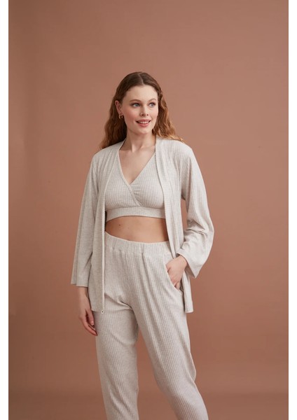 Yumuşak Dokulu Kumaş Sabahlıklı Üçlü Kadın Pijama Takım Set 5019 modelleri