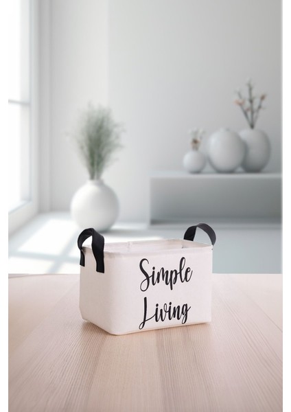 Beyaz Simple Living Baskılı Küçük Boy Düzenleyici Saklama Sepeti 25 x 15 x 18