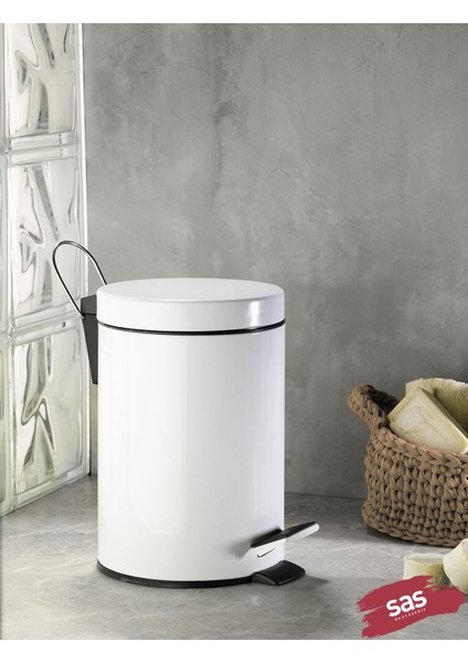 Banyo Tuvalet Balkon Mutfak, Beyaz Renkli Pedallı Metal Çöp Kovası 3 Litre