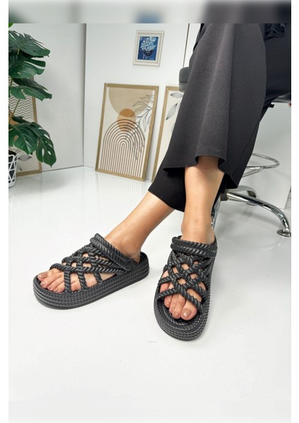 Günlük Kadın Terlik Örgü Detaylı Kalın Tabanlı Oval Burunlu Deniz Sandaleti 810 modelleri