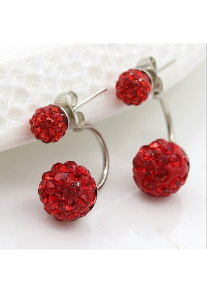 Kırmızı Stil Yeni Sıcak Gümüş Çift Boncuk Kristal Küpe Kadın Takı (Yurt Dışından)