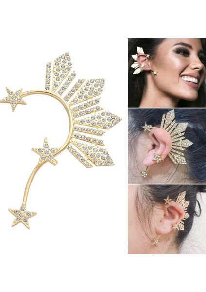Altın Tarzı Yıldız Güzel Kız Takı Kristal Taşlı Büyük Moda Aksesuarları Kulak Manşet Kulak Klipsi Küpe (Yurt Dışından)