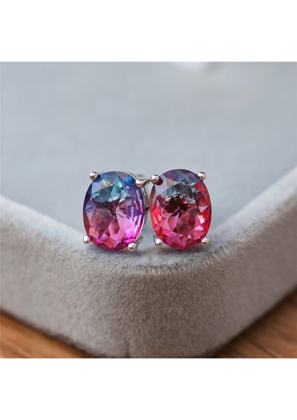 Gül Kırmızısı ve Mavi Tarzı Gümüş Şık 1.25CT Oval Kesim Bicolor Karpuz Kırmızı Yeşil Turmalin Doğal Değerli Taş Küpe Gümüş Gelin Düğün Takı Hediye (Yurt Dışından)