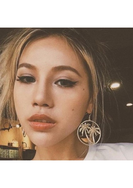 Altın Tarzı Moda Kadın Metal Çinko Alaşım Hindistan Cevizi Palmiye Ağacı Büyük Yuvarlak Daire Küpe Yüksek Parlatma Basit Yaz Tatili Küpesi (Yurt Dışından) fırsatları