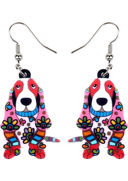 Kırmızı Stil Kadın Kızlar Gençler Pet Severler Için Akrilik Çiçekli Karikatür Basset Hound Köpek Küpe Damla Askı Yaratıcı Hayvan Takısı Hediye (Yurt Dışından)