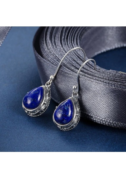 Mavi Stil Kadınlar Için Doğal Lapis Lazuli Küpe 925 Ayar Gümüş Takı Su Damlası Küpe (Yurt Dışından)