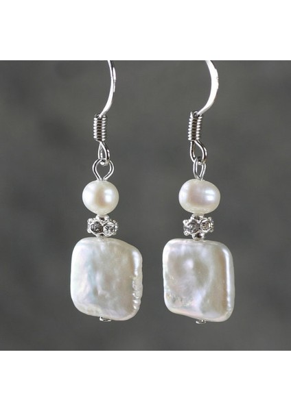 Gümüş Tarzı Kare Inci Düşen Küpe El Yapımı (Yurt Dışından)