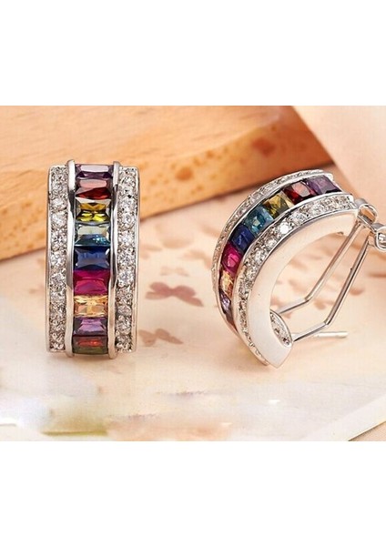 Lüks Wometerling Gümüş Doğal Değerli Taş Çok Renkli Safir Küpe Halka (Yurt Dışından)