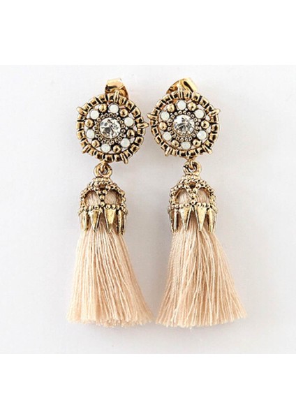 Bej Tarzı Yeni Kadın Vintage Damla Küpe Hollow Taşlı Püskül Uzun Asılı Küpe (Yurt Dışından)