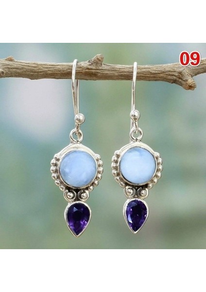 No.9 Boyutu Kadınlar Için Düğün Gelin Takı Hediye Vintage Gümüş Küpe Göktaşı Ametist Peridot Inci Asılı Küpe (Yurt Dışından)